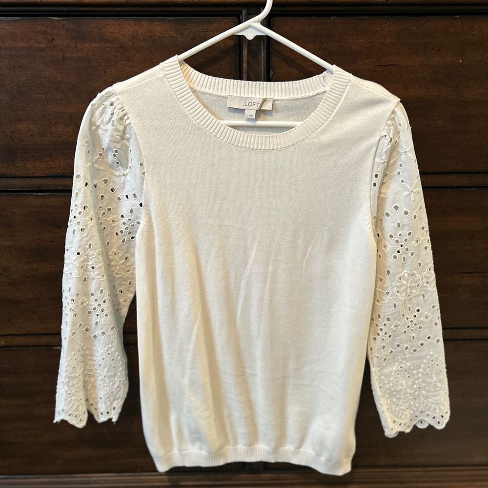 LOFT Cream Eyelet Lace Sleeve Crewneck Sweater